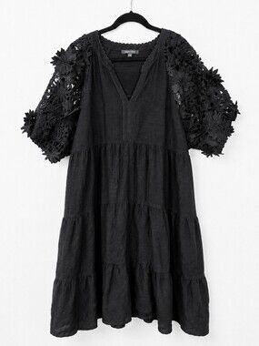 Laurel Grey Black Linen Blend 3D Floral Crochet Sleeve Babydoll Dress XXL